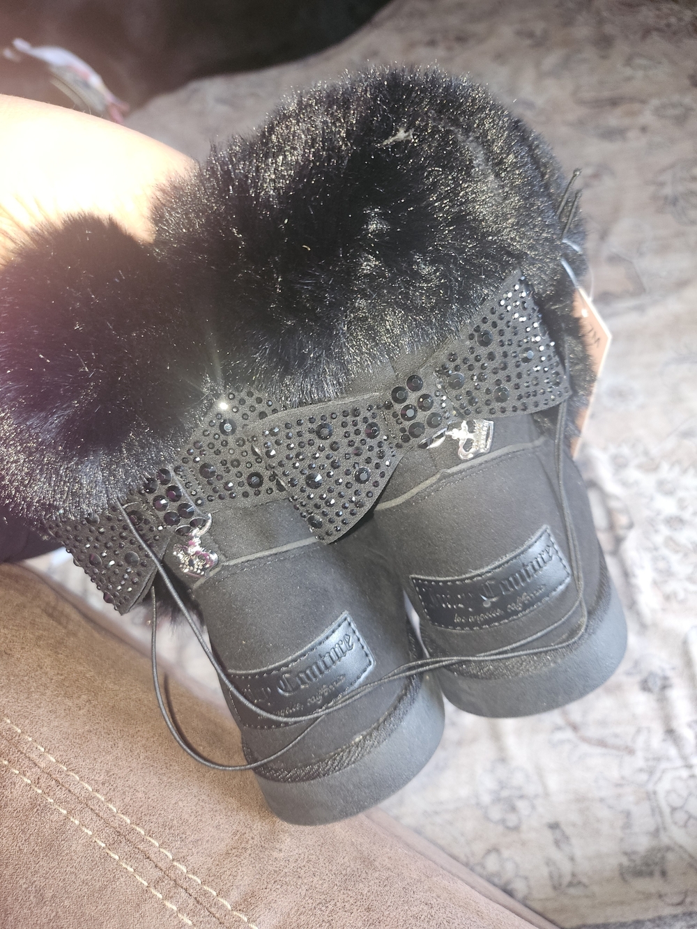 Juicy Couture Black Faux Fur Bow Booties with Crystal Accents